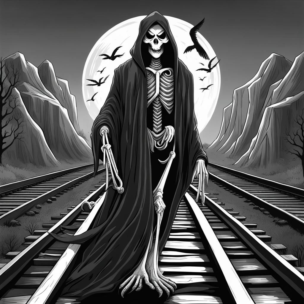 White Owl Grim Reaper on Train Tracks