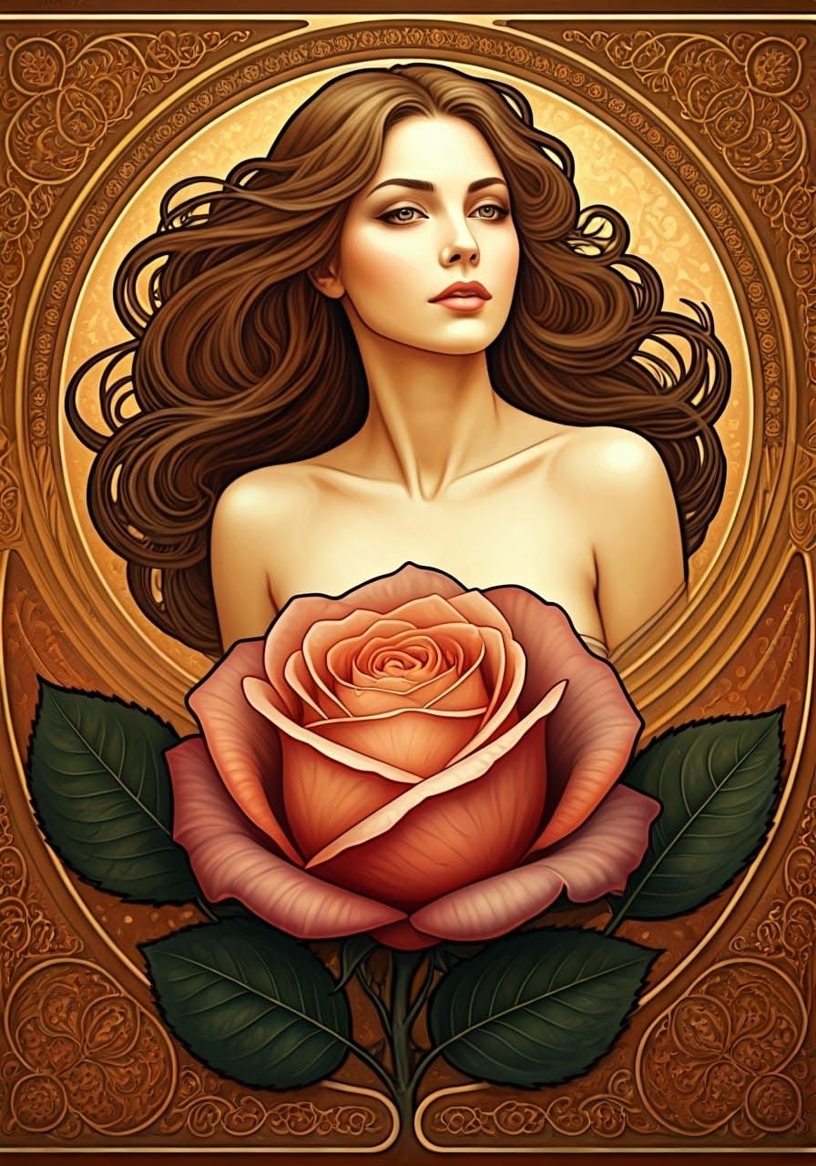 Elegant Woman Emerges from Blooming Rose in Art Nouveau Styl...