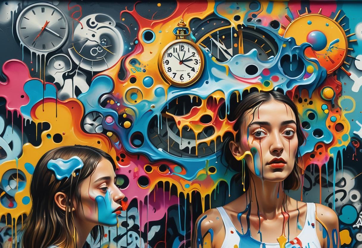 Girl with Melting Clock in Surreal Graffiti Scene