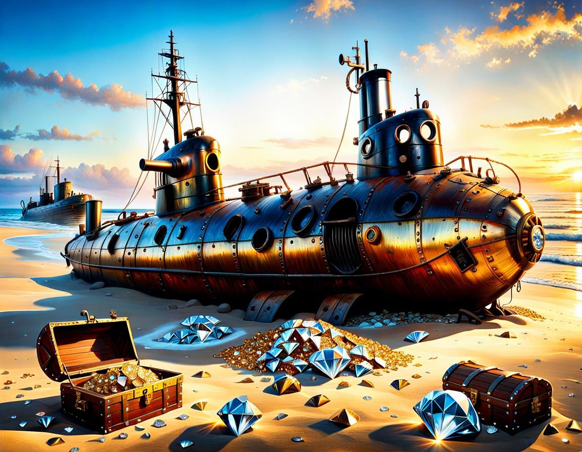 Wrecked Submarine Washed Ashore with Treasure, Photorealisti...
