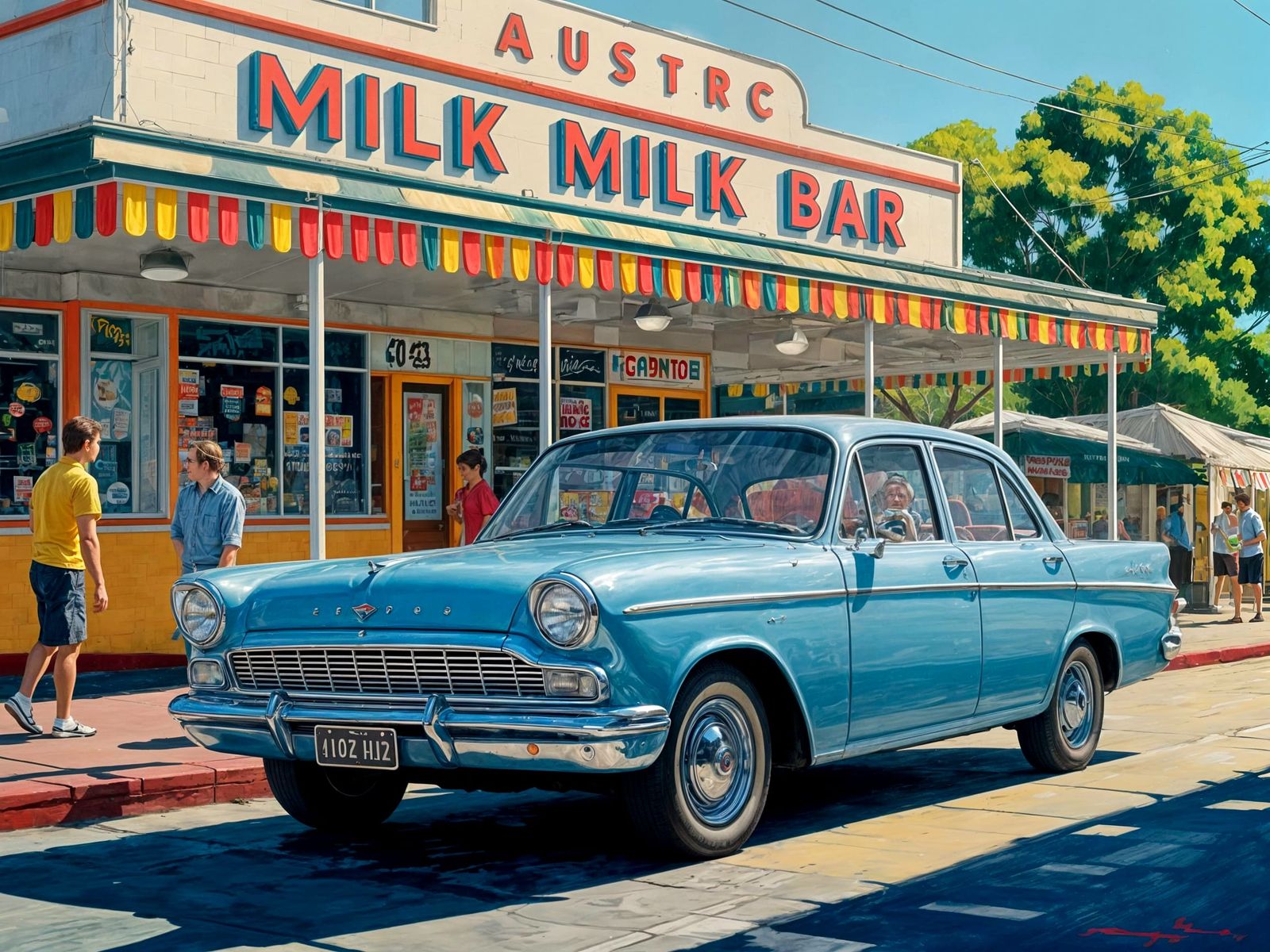 Vibrant Australian Suburbia Scene in Mid-Century Style