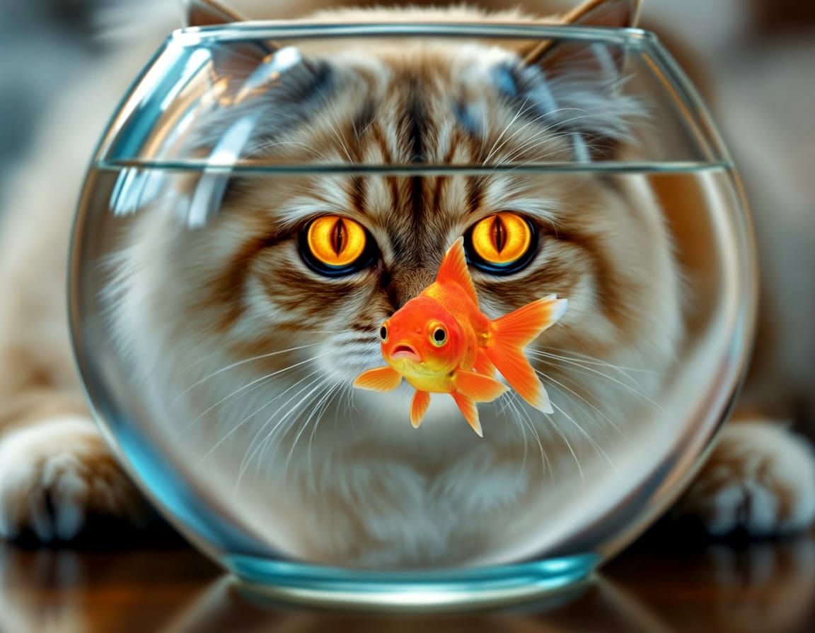 Cat Watches Goldfish in Bowl with Cinematic Lighting