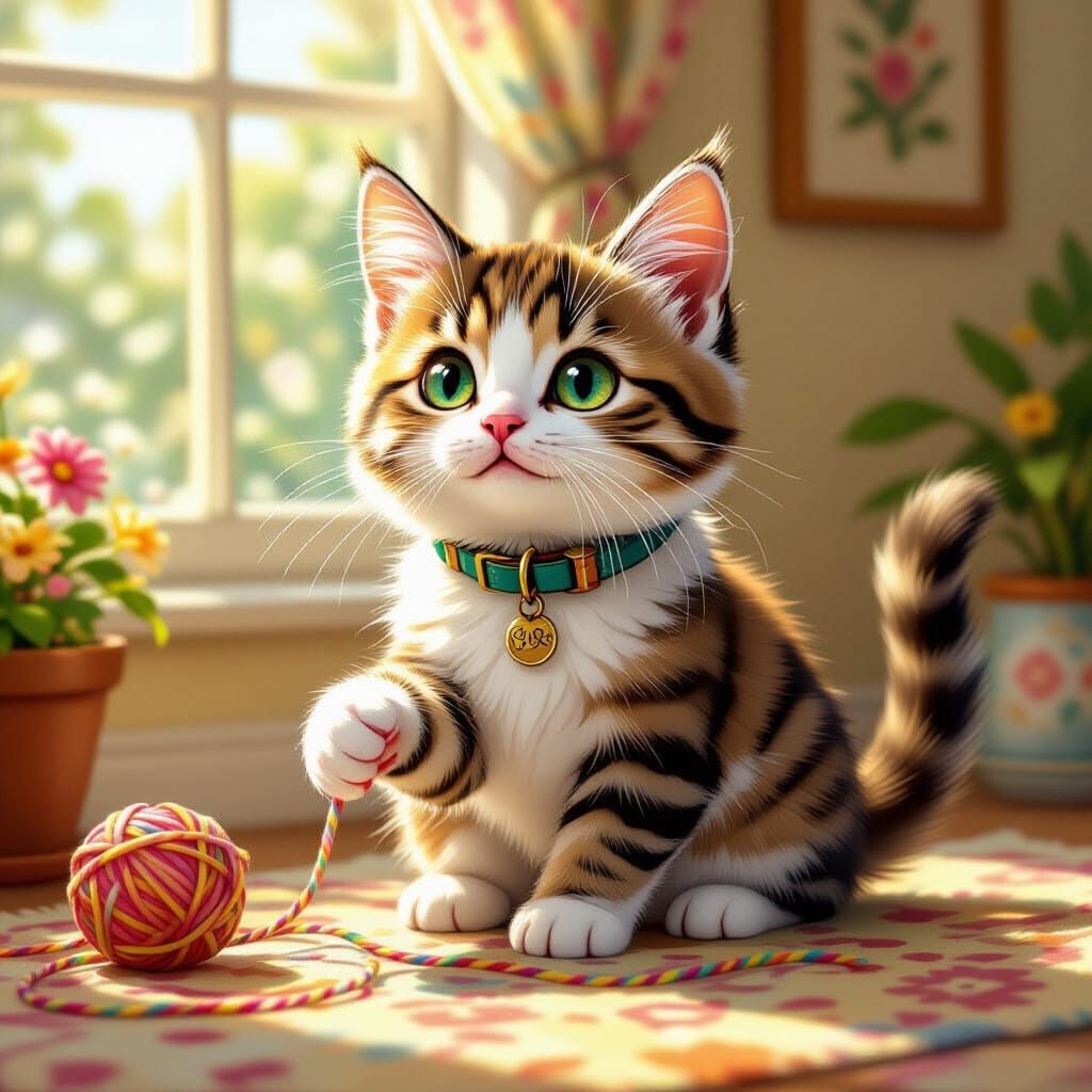 Cute Cat with Yarn in Beatrix Potter Style