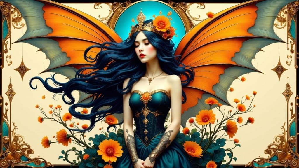 Steampunk Fairy with Dragon Wings in Art Nouveau Frame