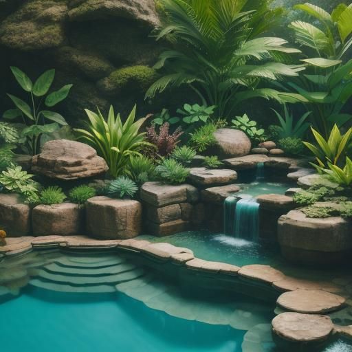 Khaki Pool with Plants, Rocks, and Fish Photography