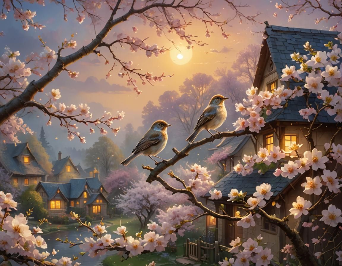 Nightingale Nesting in Blossoms: Ethereal Oil Painting