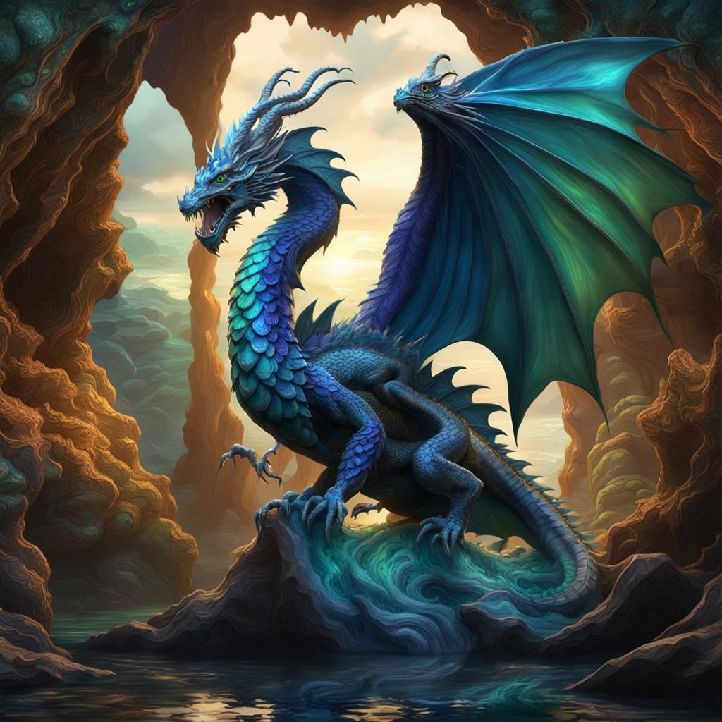 Art Nouveau Dragon in Wave-Cut Cave