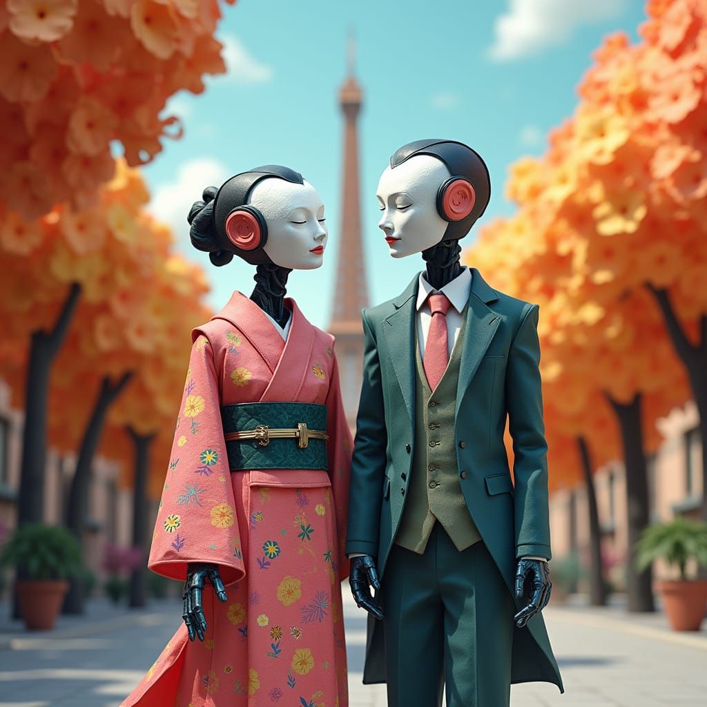 Origami AI Robots Visit Paris in Futuristic Style