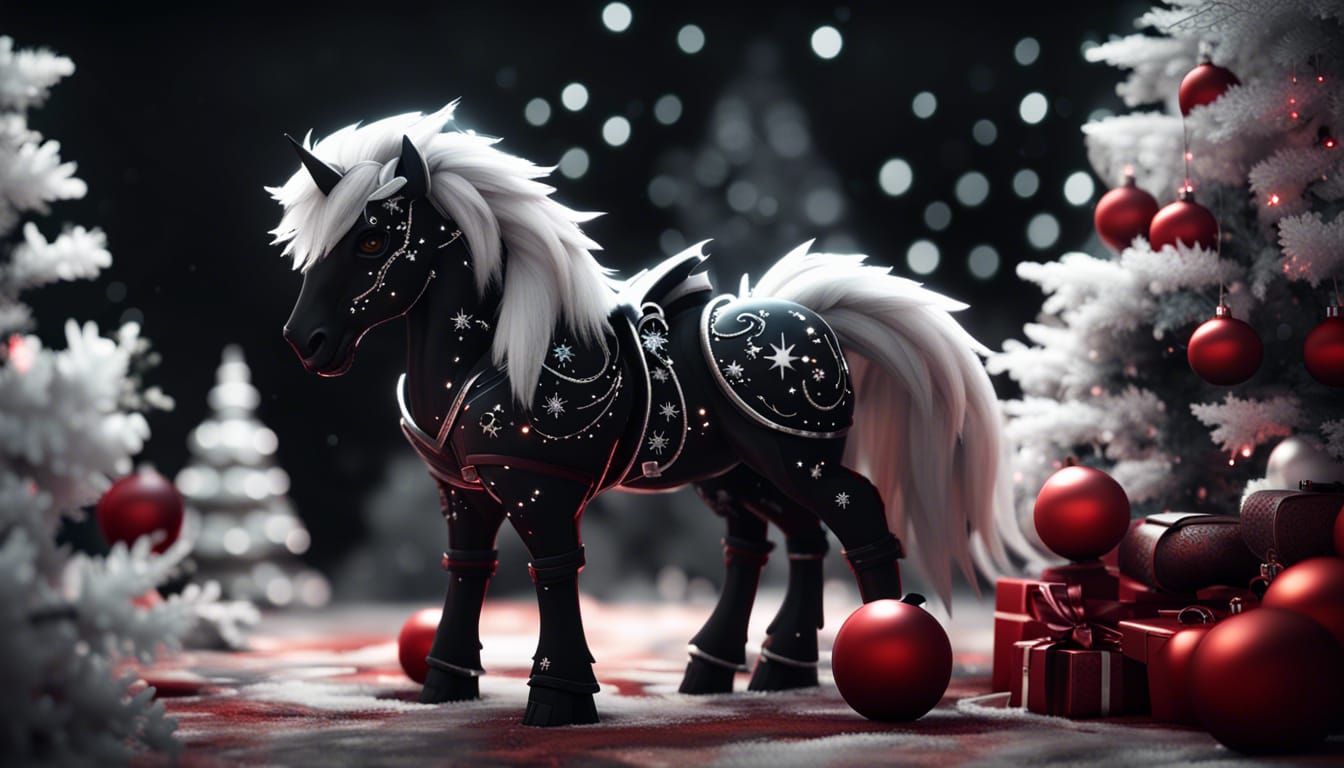 black and white fluffy Celestial pony christmas trees red 3D...