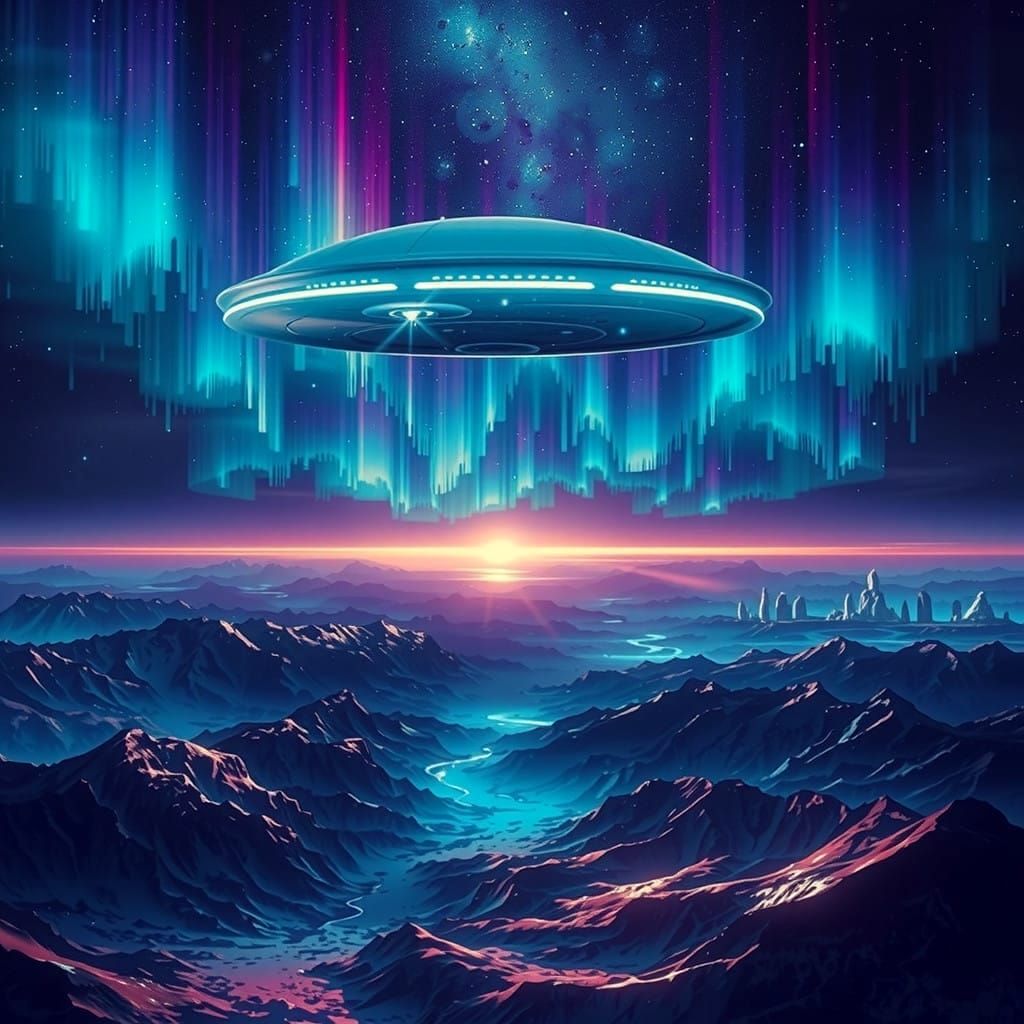 Ethereal UFO in Neon Aurora Landscape
