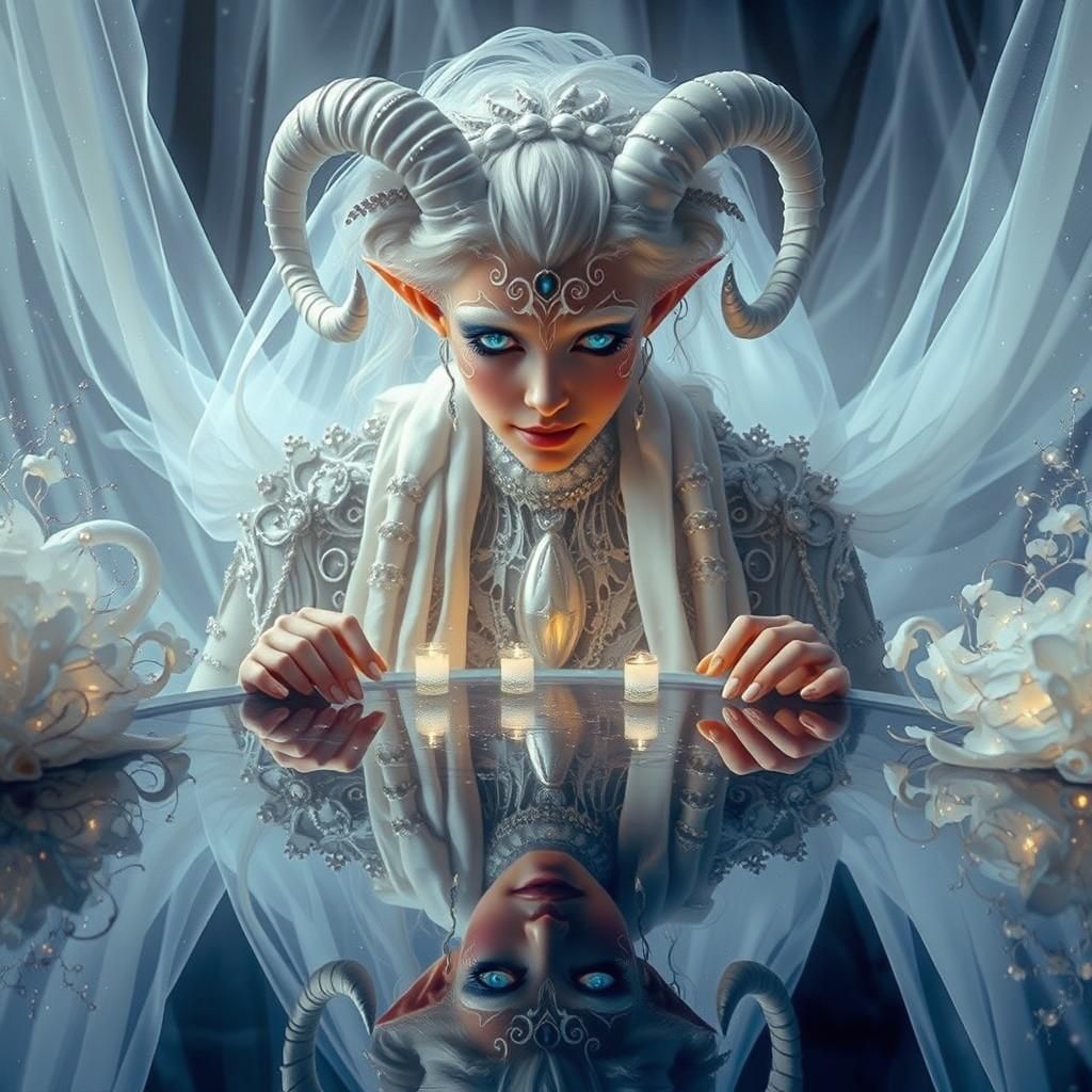Ethereal Tiefling Lady Gazing into Mirrored Lake