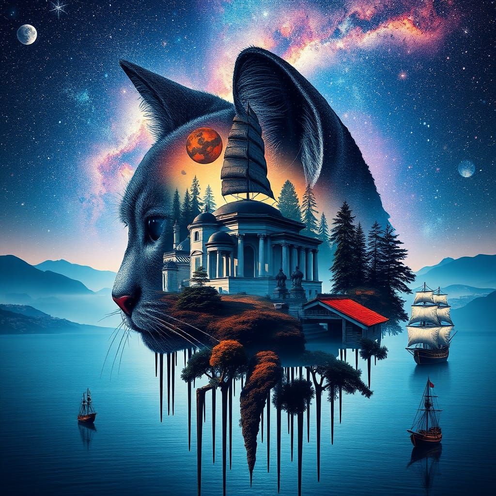 Galaxy Merging with World, Cat Silhouette