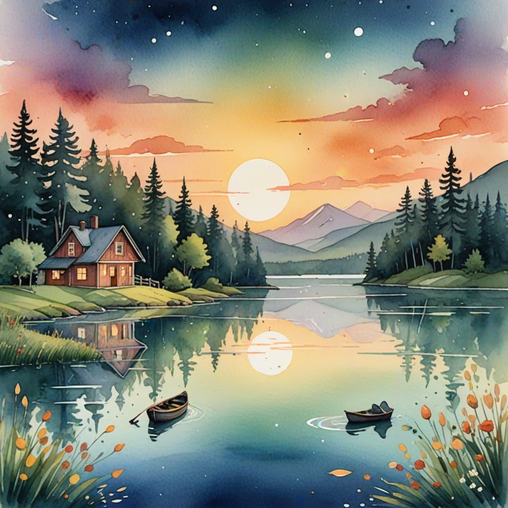 Sunrise Over Crystal Lake: Storybook Illustration