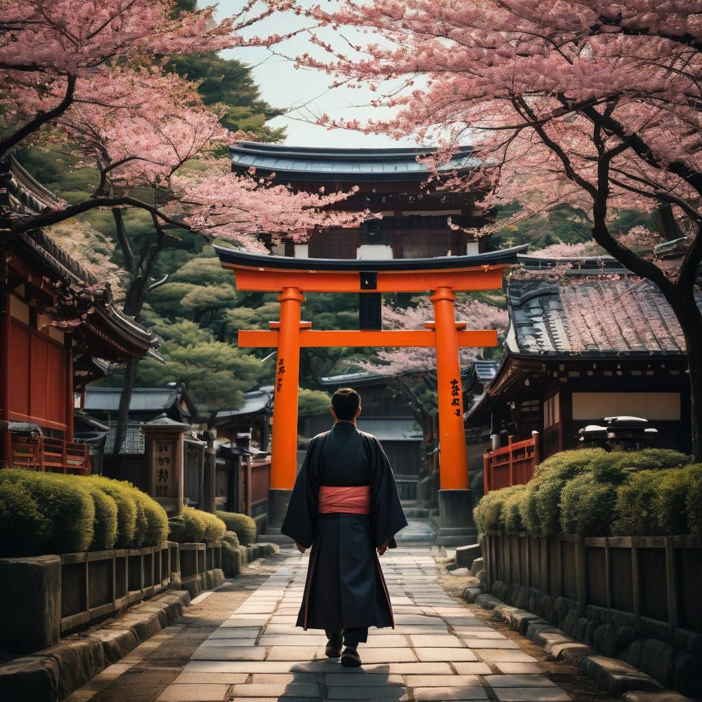 Medieval Samurai Walks Kyoto Streets Amidst Blooming Peach B...