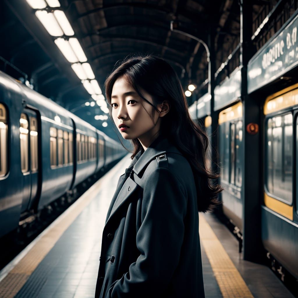 Mysterious Woman in a Rainy Train Station at Night