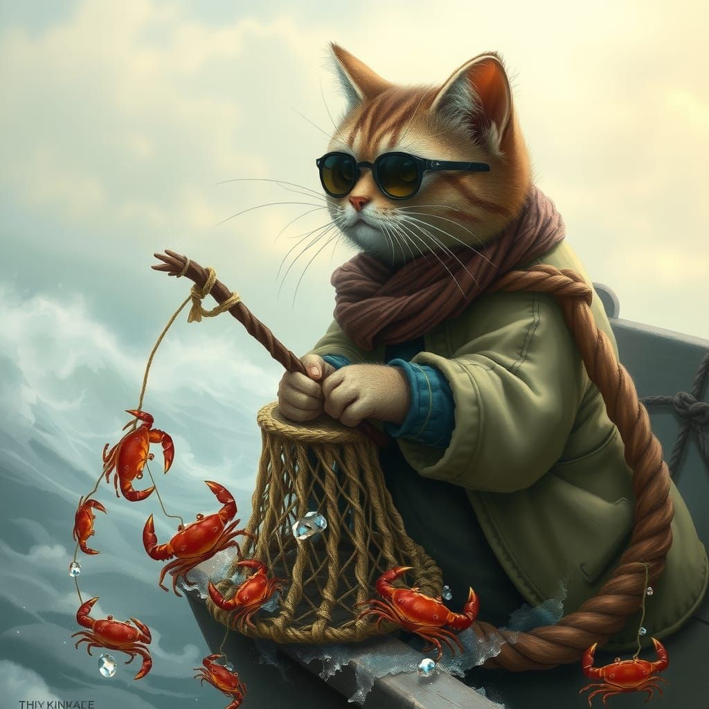 Cat Fisherman in Whimsical Fantasy Style