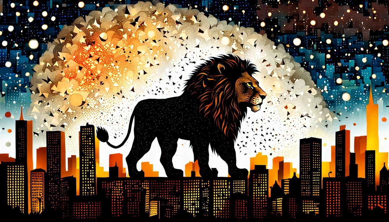 Lion in City During Meteor Shower: Abstract Pointillism