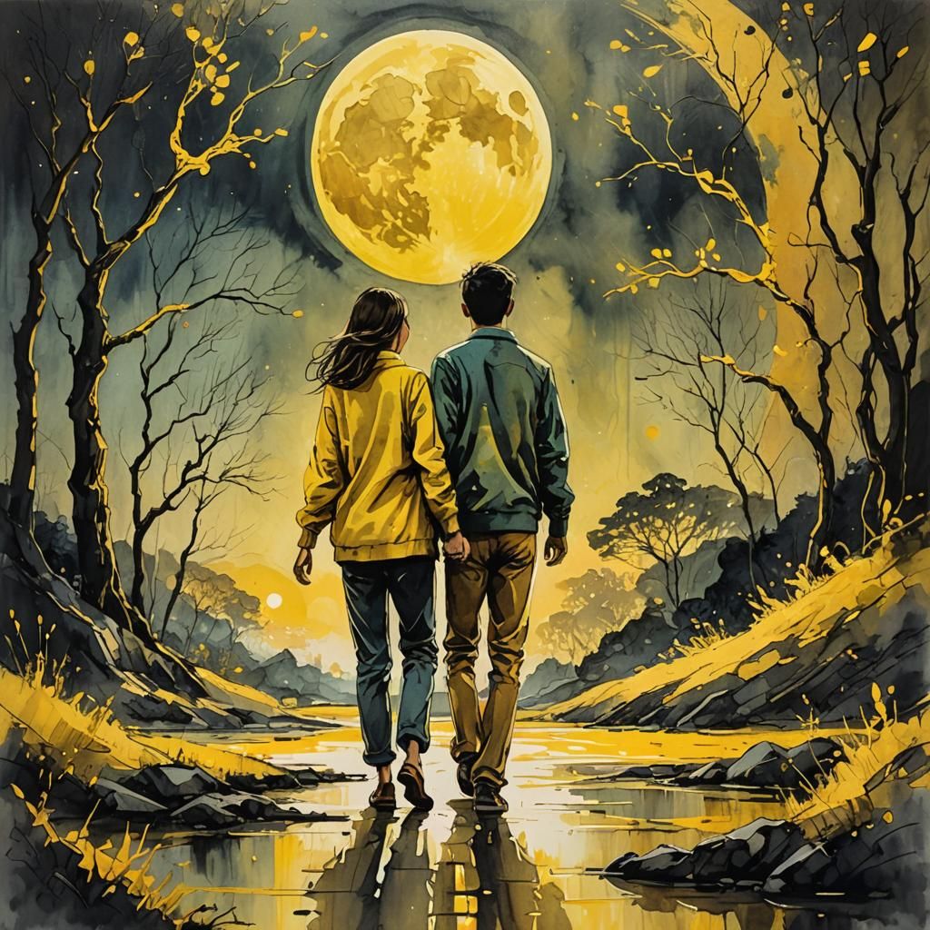 Couple Under Yellow Moon: Mixed Media Ink Painting