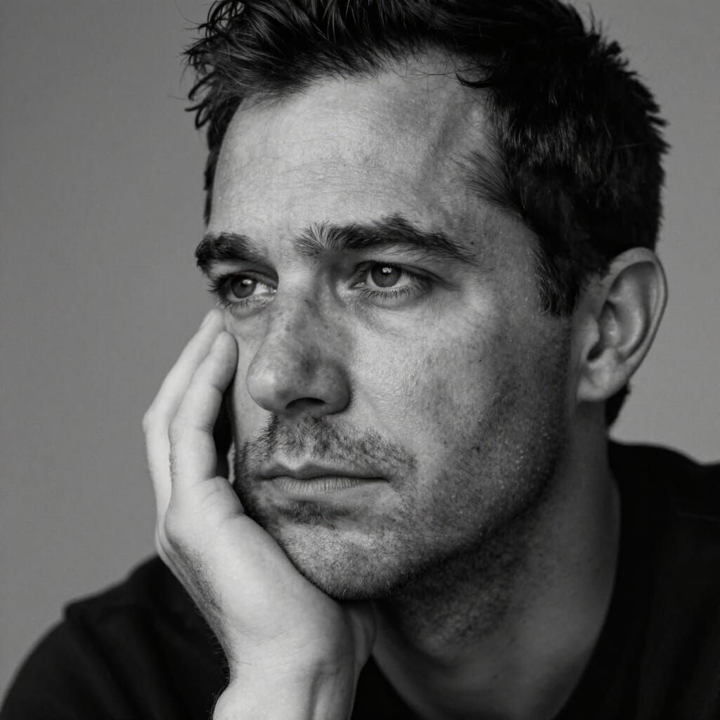 Man in Deep Thought, Realistic Black and White Portrait