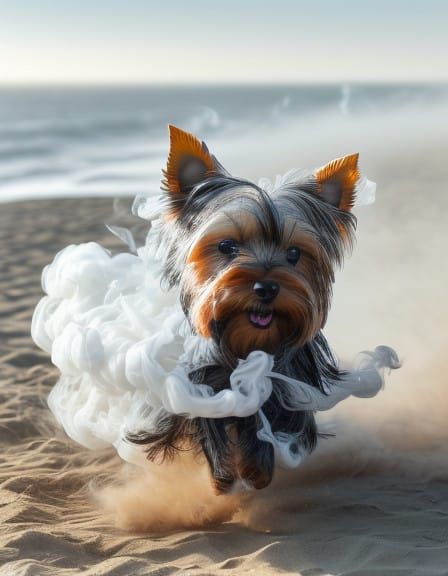 Surreal Yorkshire Terrier Disappears in Beach Smog