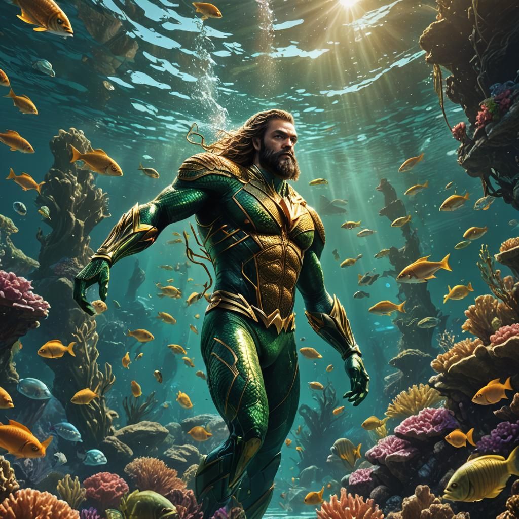 Aquaman and Tropical Fish in Shimmering Coral Reef