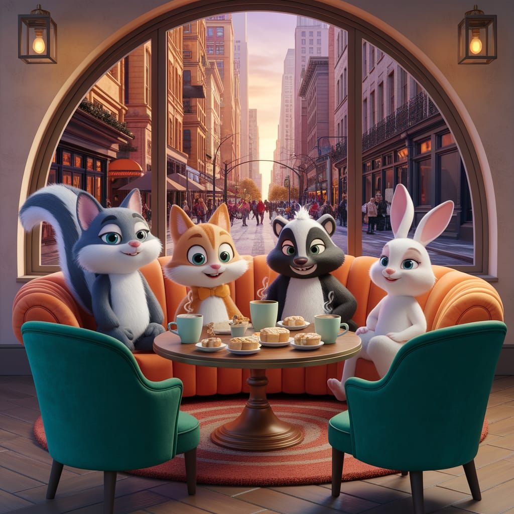 Cartoon Animals Enjoying Coffee in New York, Pixar Style