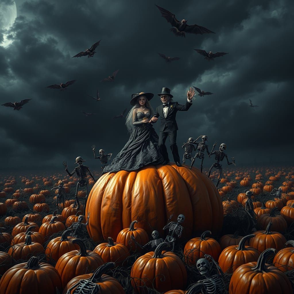 Sinister Bride Witch Marries Scarecrow in Pumpkin Field