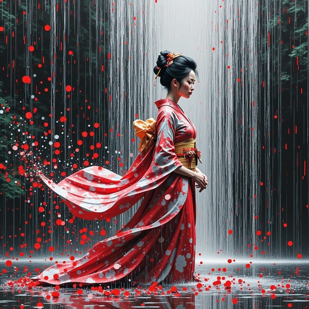 Surreal Geisha Unravels Amidst Digital Decay