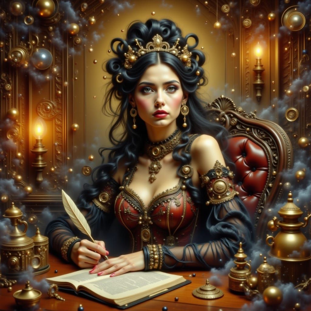 Steampunk Woman Writing in Warm Golden Light
