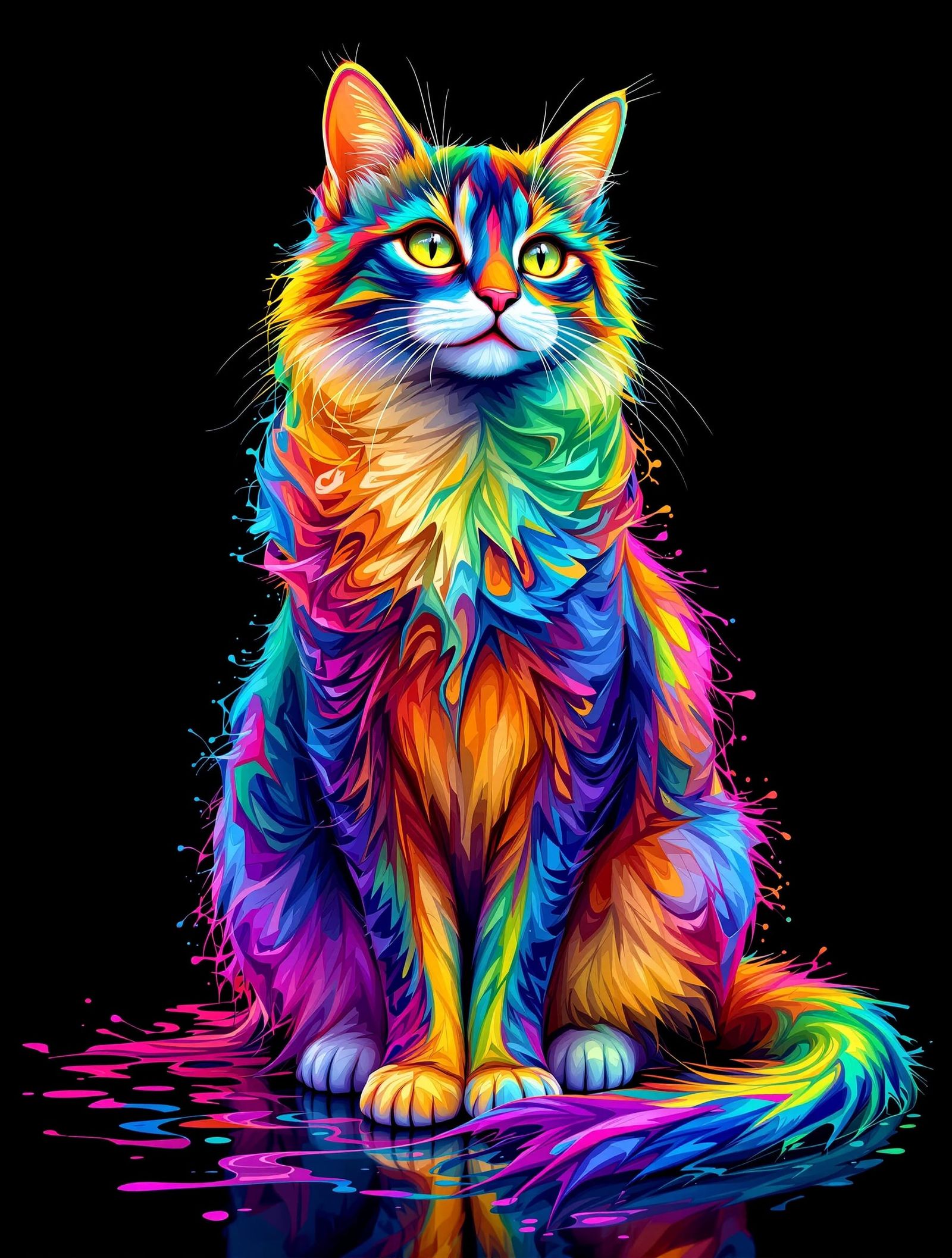 Elegant Sitting Cat Made of Shiny Oil Liquid