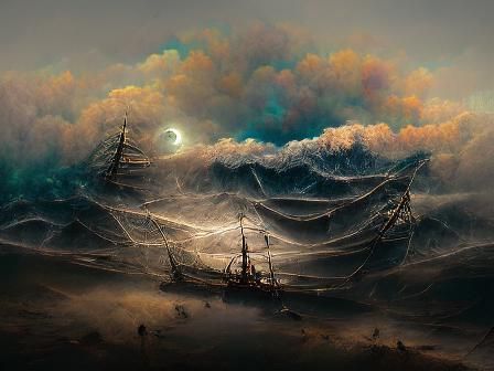 Ghost Ship Sailing Through Luminous Clouds, Digital Art
