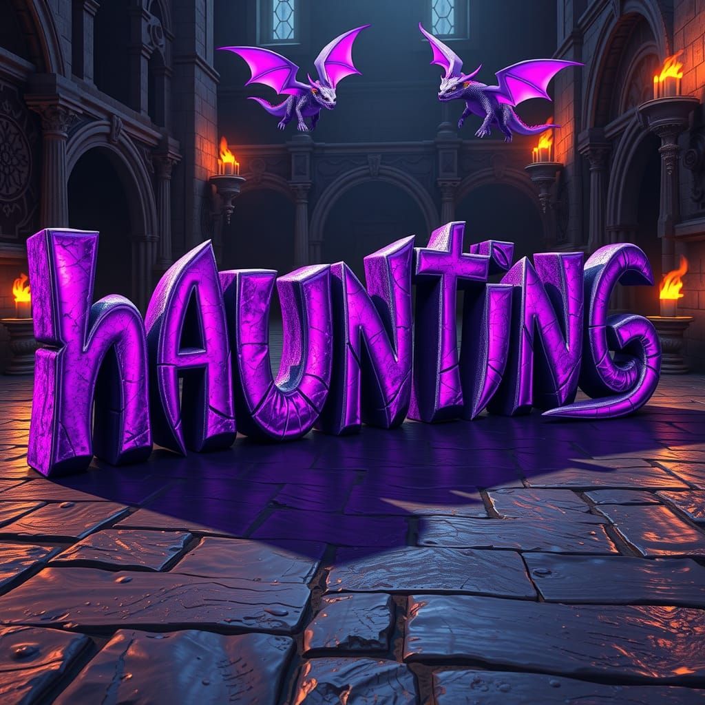3d text that reads "haunting" in and eerie dripping a horror font, bright shades of iridescent neon purple, stone textur...