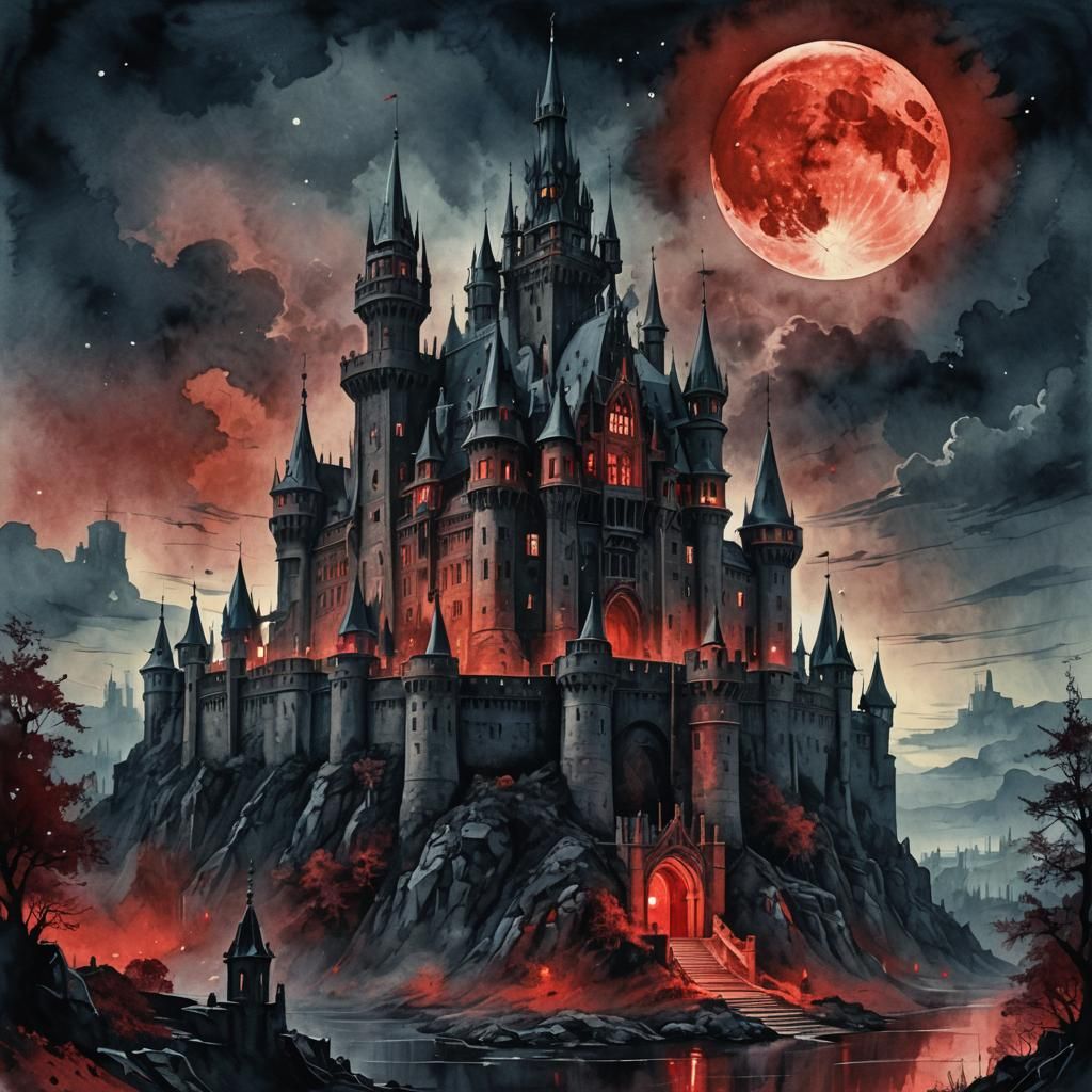 Gothic Castle Under Blood Moon as Digital Watercolor