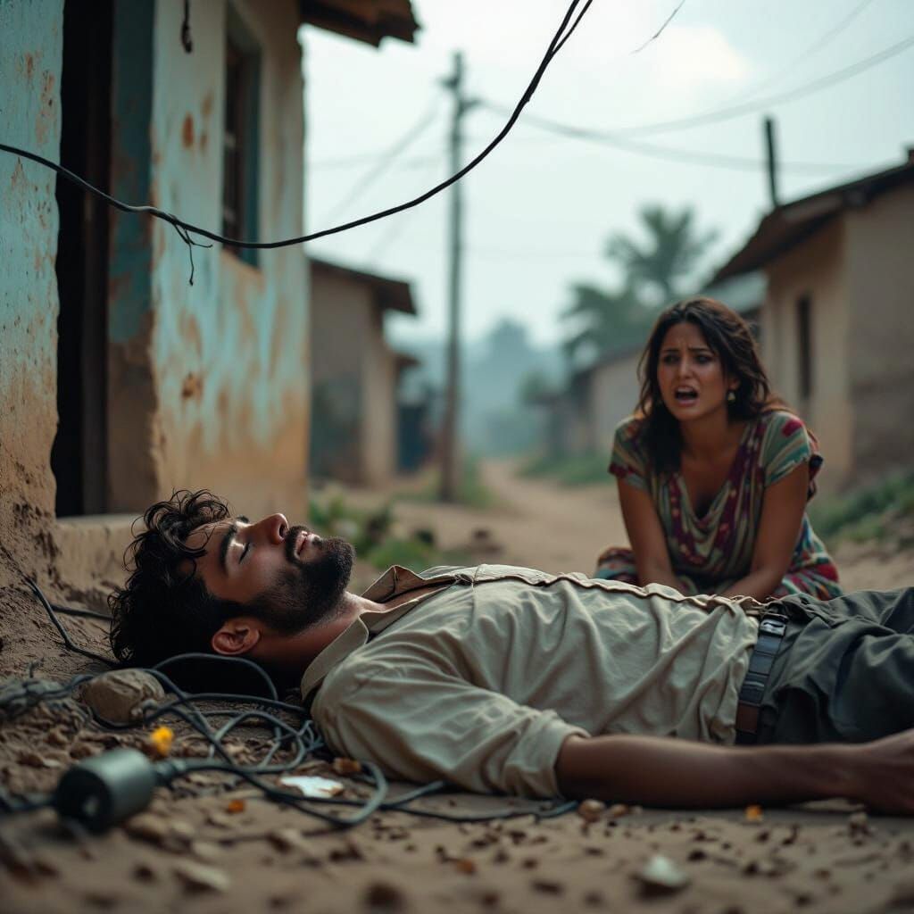 Man Lies Near Fallen Wires While Woman Cries in Village