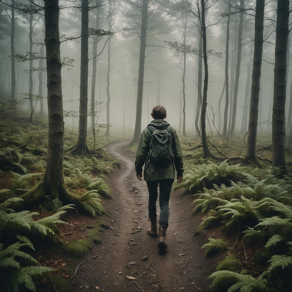 Hiker on Foggy Forest Path in Impressionist Style