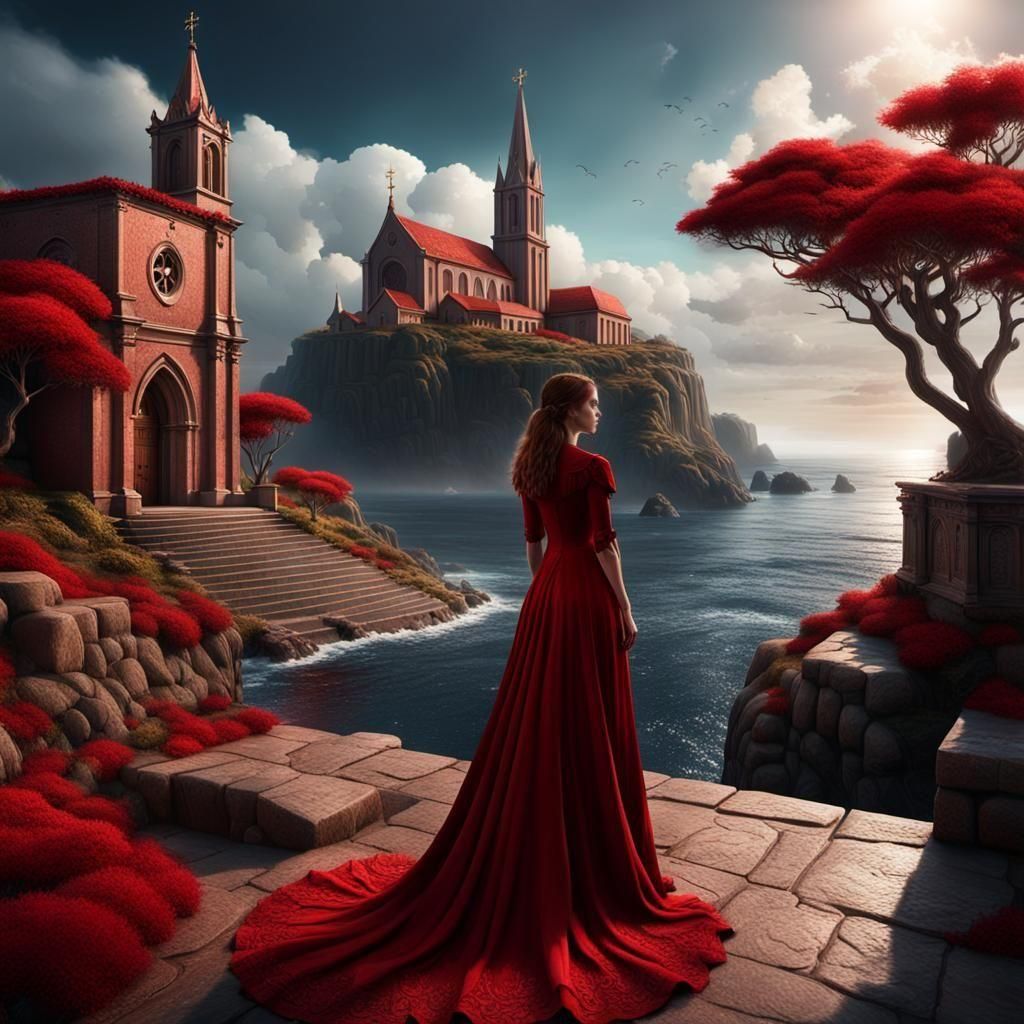 Woman Contemplates Sea from Cliffside Church