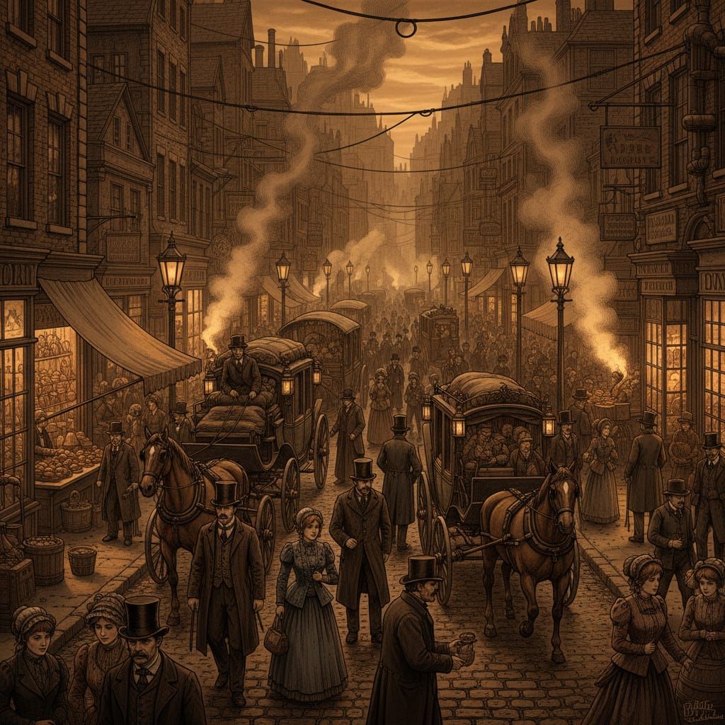 Victorian Street Market at Dusk: Gaslight & Activity