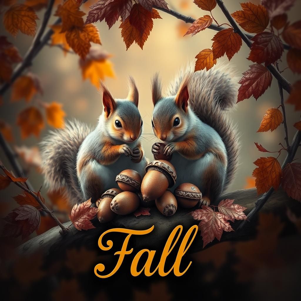 Squirrels Gathering Acorns in Detailed Matte Painting
