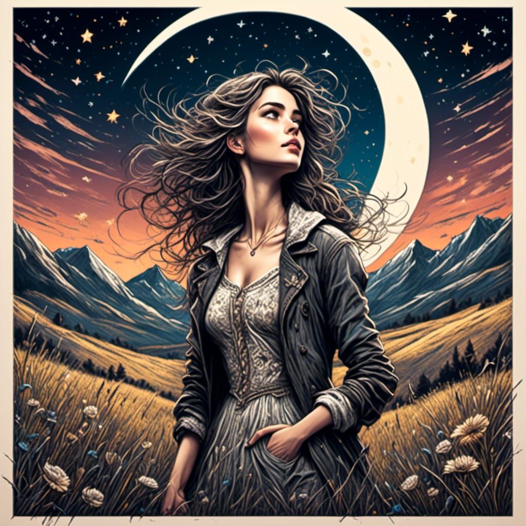 Woman Gazing at Starry Night Sky in Chalk Art