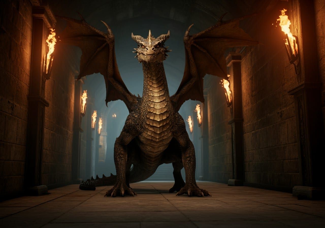 Majestic Tiny Dragon in Castle Corridor