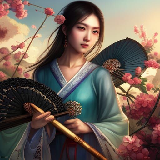 Chinese Woman with Fan in Detailed Matte Painting