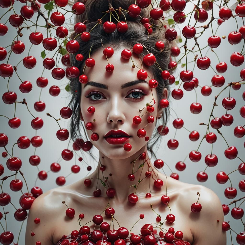 Cherries Double Exposure Portrait in Maximalist Style