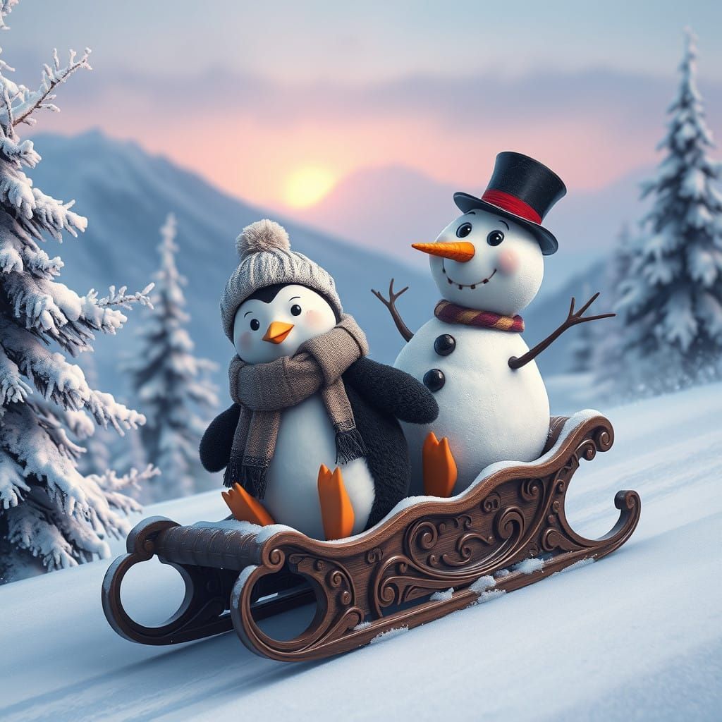 Penguin and Snowman Sled Down Snowy Mountain in Whimsical Wi...