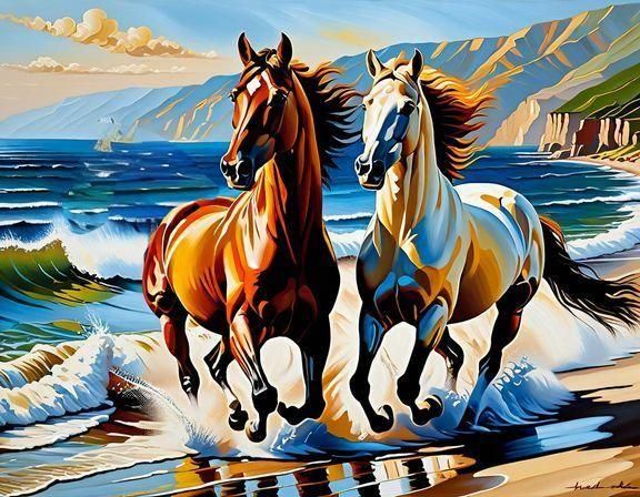 Horses on the Beach: Impasto Oil Painting