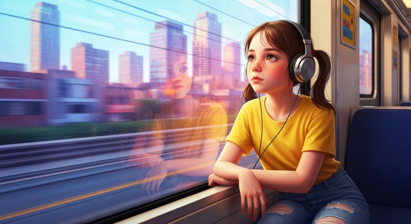 Girl on Train: Dreamlike Cityscape in Loish Style
