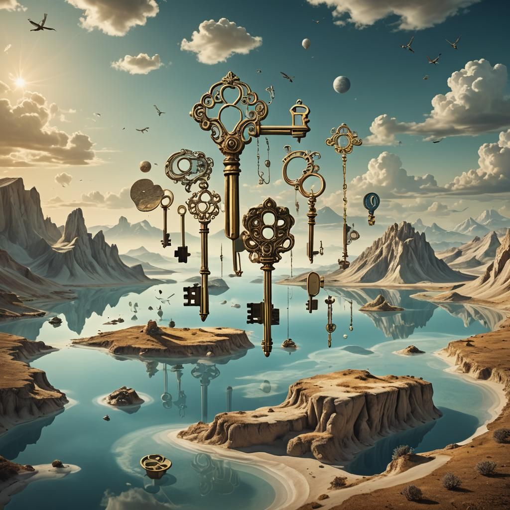 Keys Floating in Dreamlike Surreal Landscape