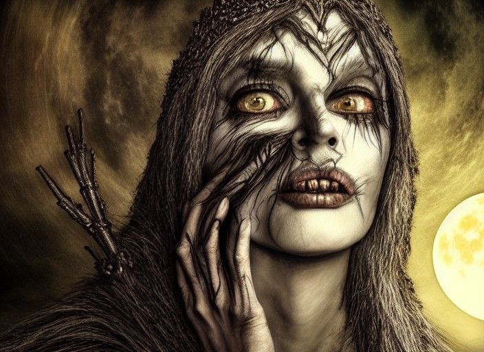 Mystical Witch Woman Under Full Moon in Hyperrealism