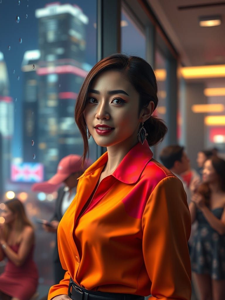 Ethereal Office Party Girl in a Vibrant World