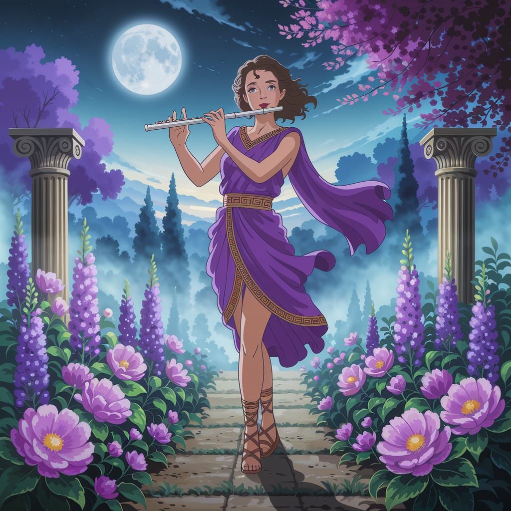 Ethereal Sorcerer Plays Flute in Moonlit Garden