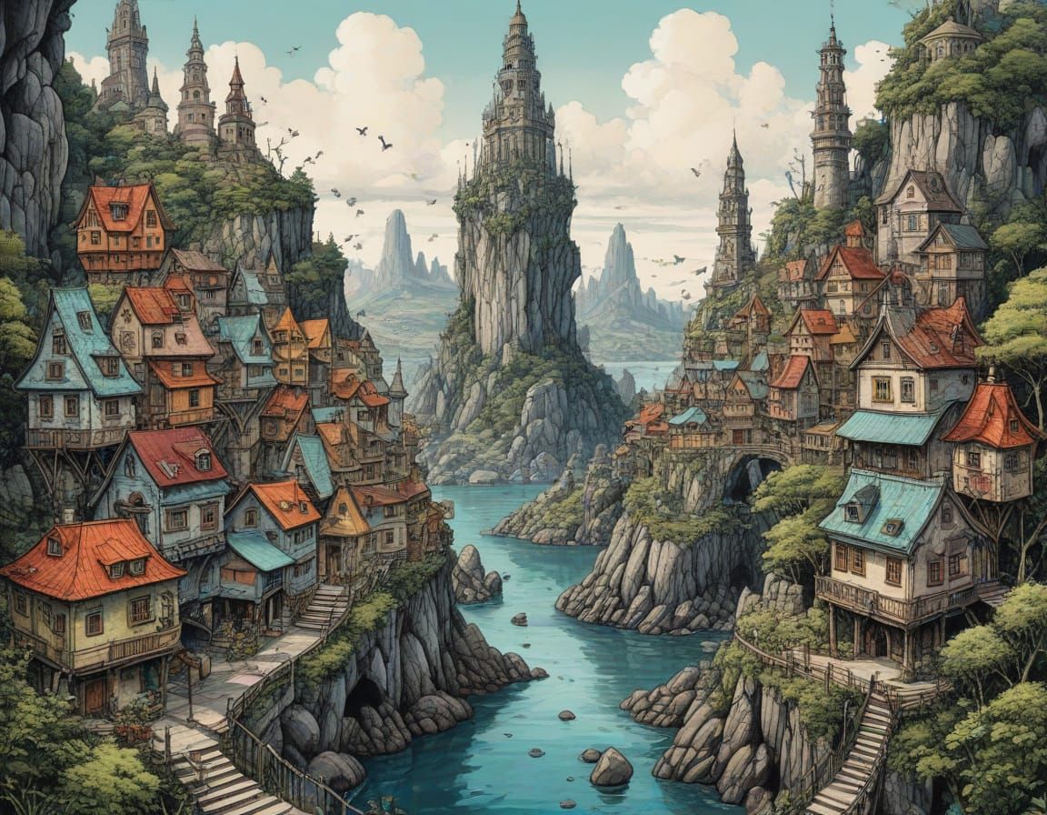 Whimsical Fairy Town in Dystopian Monument Style